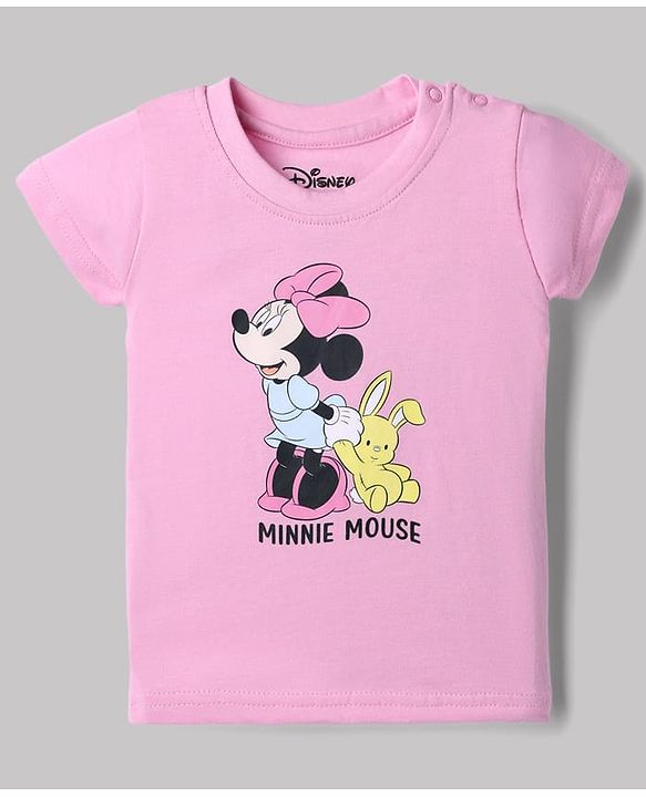 Babyhug Disney 100% Cotton Single Jersey Knit Half Sleeves Tshirts With Minnie Mouse Print Pack Of 2 - Pink & White