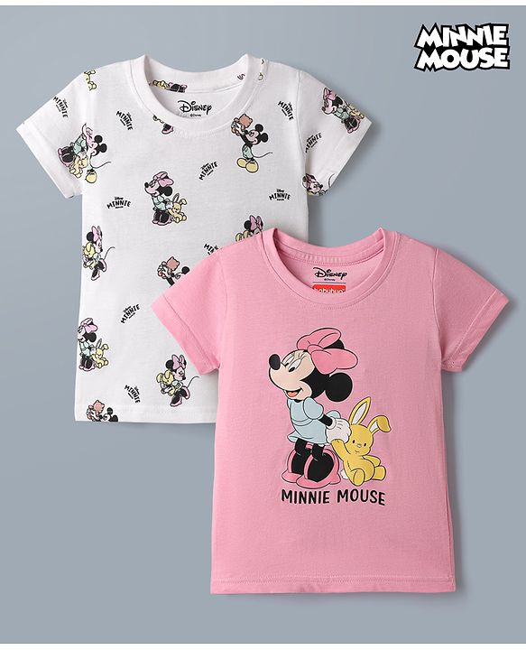 Babyhug Disney 100% Cotton Single Jersey Knit Half Sleeves Tshirts With Minnie Mouse Print Pack Of 2 - Pink & White