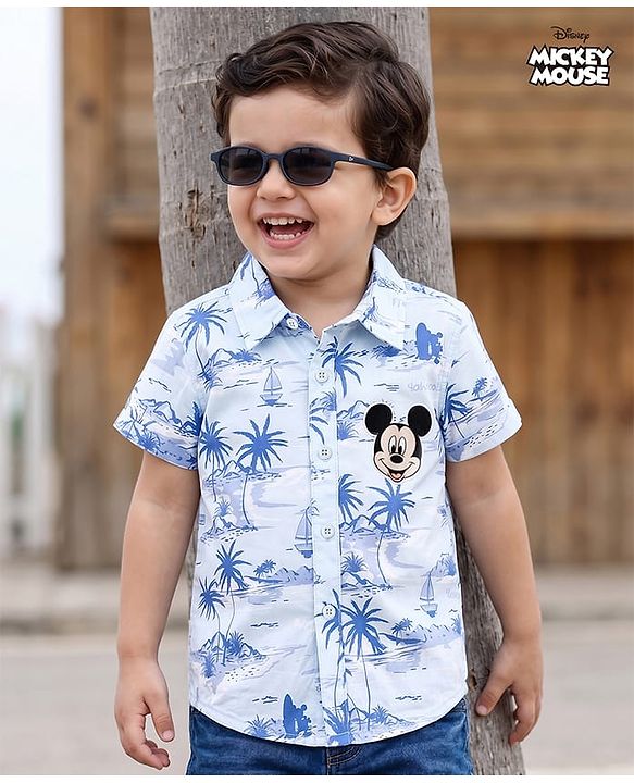 Babyhug Disney Poplin Woven Half Sleeves Shirt With Mickey & Friends Graphic - Blue