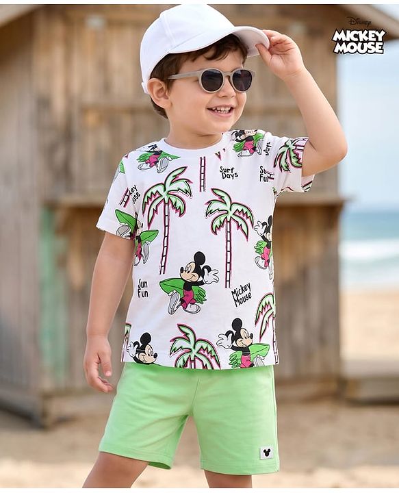Babyhug Disney 100% Cotton Knit Half Sleeves T-Shirt & Shorts Set With Mickey Mouse Graphics - Light Green