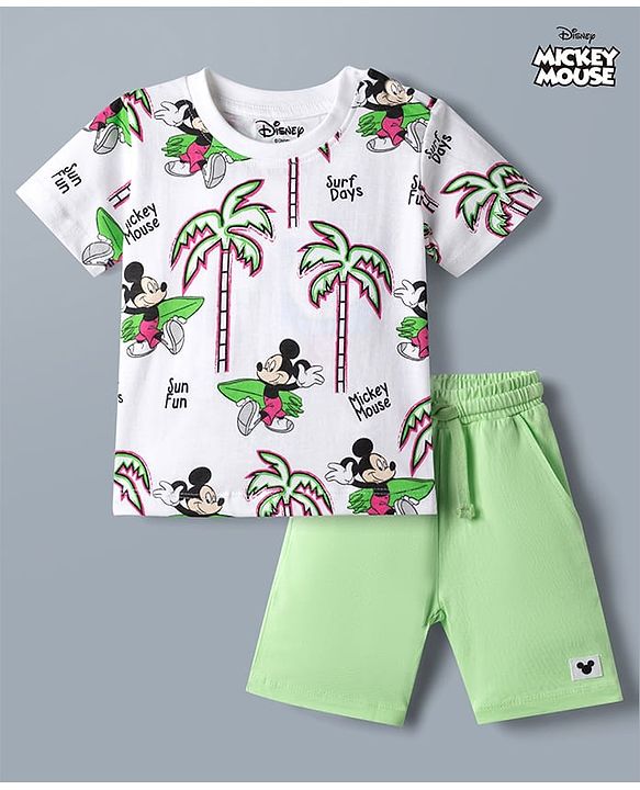 Babyhug Disney 100% Cotton Knit Half Sleeves T-Shirt & Shorts Set With Mickey Mouse Graphics - Light Green