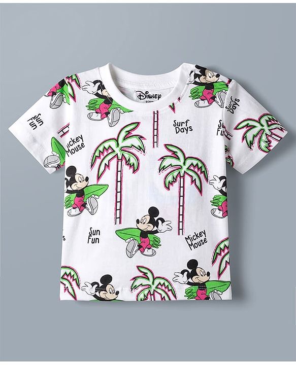 Babyhug Disney 100% Cotton Knit Half Sleeves T-Shirt & Shorts Set With Mickey Mouse Graphics - Light Green