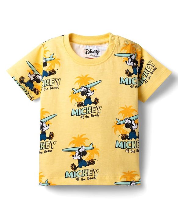 Babyhug Disney 100% Cotton Knit Half Sleeves Co-Ords T-Shirt & Shorts Set With Mickey Mouse Graphic & Beach Theme Print - Yellow