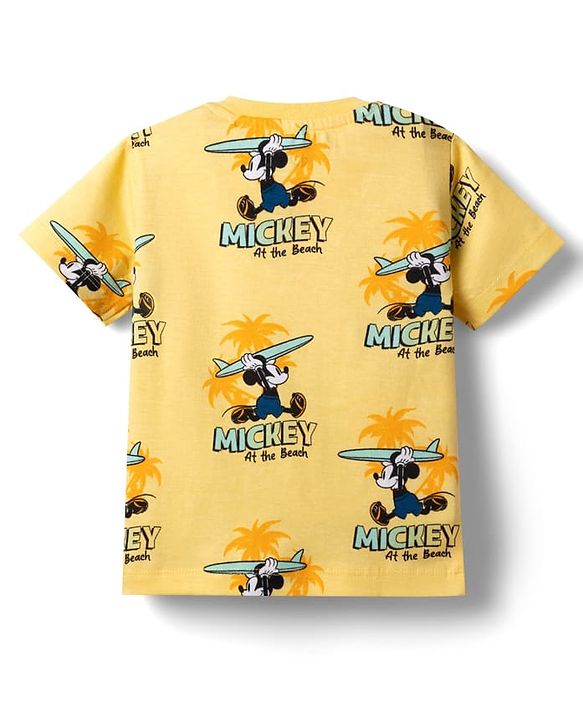 Babyhug Disney 100% Cotton Knit Half Sleeves Co-Ords T-Shirt & Shorts Set With Mickey Mouse Graphic & Beach Theme Print - Yellow