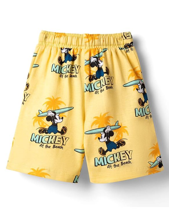 Babyhug Disney 100% Cotton Knit Half Sleeves Co-Ords T-Shirt & Shorts Set With Mickey Mouse Graphic & Beach Theme Print - Yellow