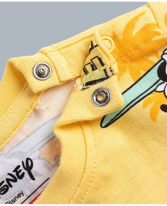 Babyhug Disney 100% Cotton Knit Half Sleeves Co-Ords T-Shirt & Shorts Set With Mickey Mouse Graphic & Beach Theme Print - Yellow