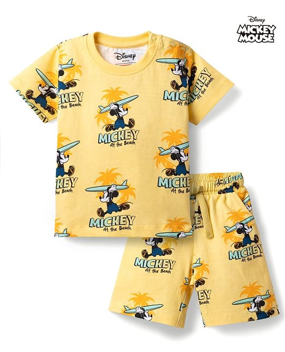 Babyhug Disney 100% Cotton Knit Half Sleeves Co-Ords T-Shirt & Shorts Set With Mickey Mouse Graphic & Beach Theme Print - Yellow