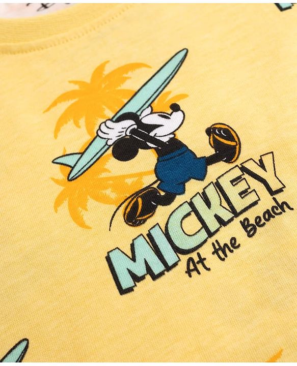 Babyhug Disney 100% Cotton Knit Half Sleeves Co-Ords T-Shirt & Shorts Set With Mickey Mouse Graphic & Beach Theme Print - Yellow
