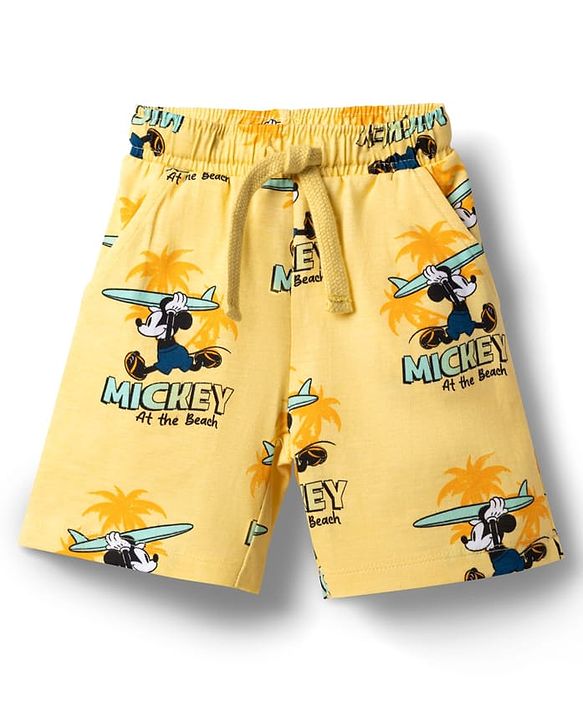 Babyhug Disney 100% Cotton Knit Half Sleeves Co-Ords T-Shirt & Shorts Set With Mickey Mouse Graphic & Beach Theme Print - Yellow