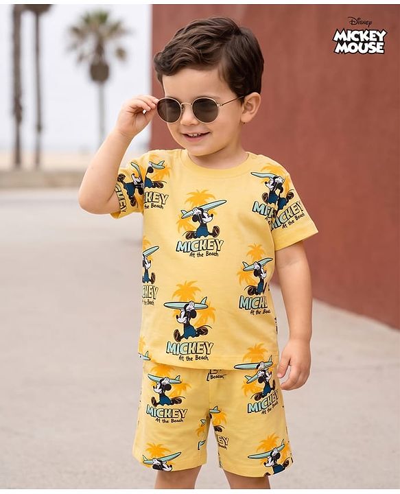 Babyhug Disney 100% Cotton Knit Half Sleeves Co-Ords T-Shirt & Shorts Set With Mickey Mouse Graphic & Beach Theme Print - Yellow