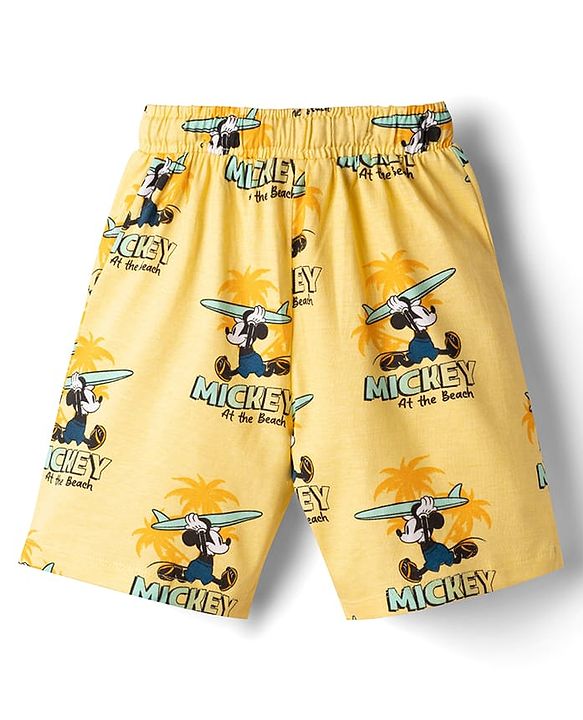 Babyhug Disney 100% Cotton Knit Half Sleeves Co-Ords T-Shirt & Shorts Set With Mickey Mouse Graphic & Beach Theme Print - Yellow