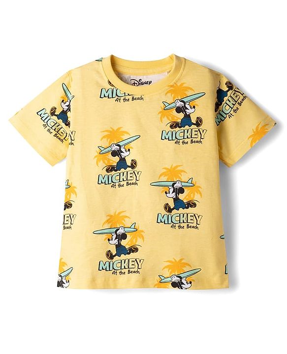 Babyhug Disney 100% Cotton Knit Half Sleeves Co-Ords T-Shirt & Shorts Set With Mickey Mouse Graphic & Beach Theme Print - Yellow