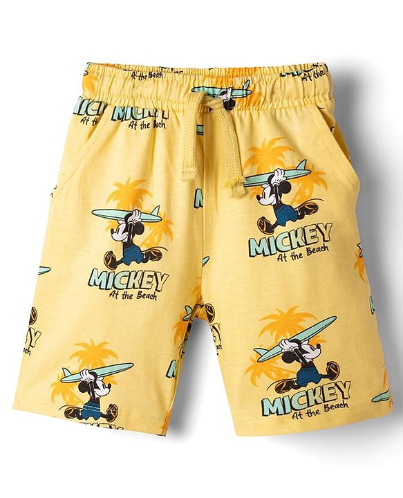 Babyhug Disney 100% Cotton Knit Half Sleeves Co-Ords T-Shirt & Shorts Set With Mickey Mouse Graphic & Beach Theme Print - Yellow
