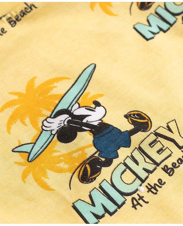 Babyhug Disney 100% Cotton Knit Half Sleeves Co-Ords T-Shirt & Shorts Set With Mickey Mouse Graphic & Beach Theme Print - Yellow