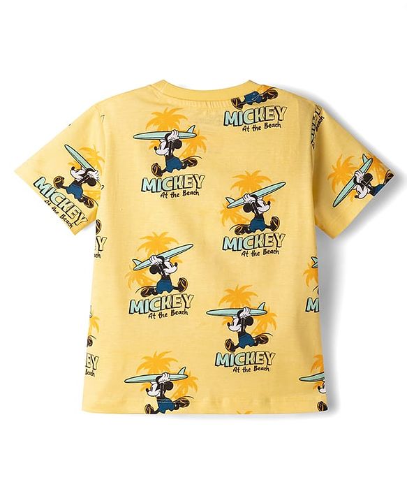 Babyhug Disney 100% Cotton Knit Half Sleeves Co-Ords T-Shirt & Shorts Set With Mickey Mouse Graphic & Beach Theme Print - Yellow