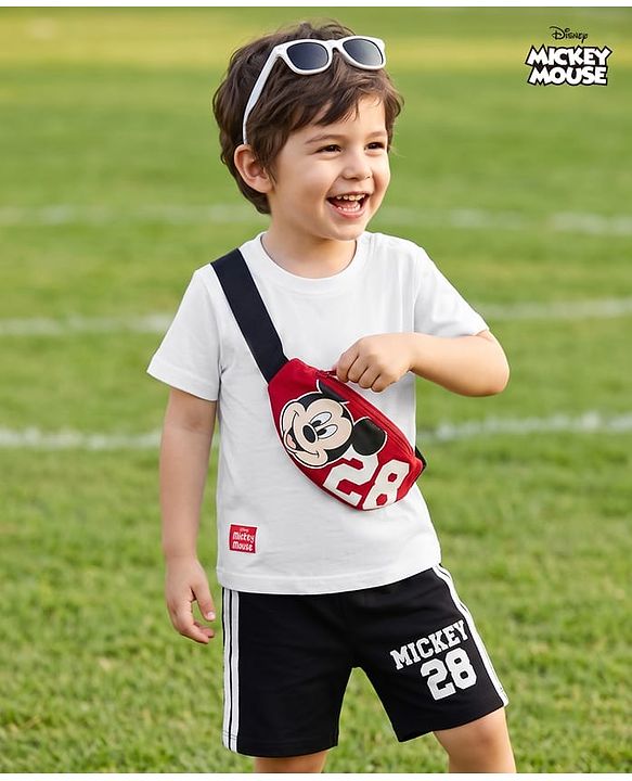 Babyhug Disney 100% Cotton Knit Half Sleeves T-Shirt & Shorts Set With Mickey Mouse Graphic & Bag Applique - White