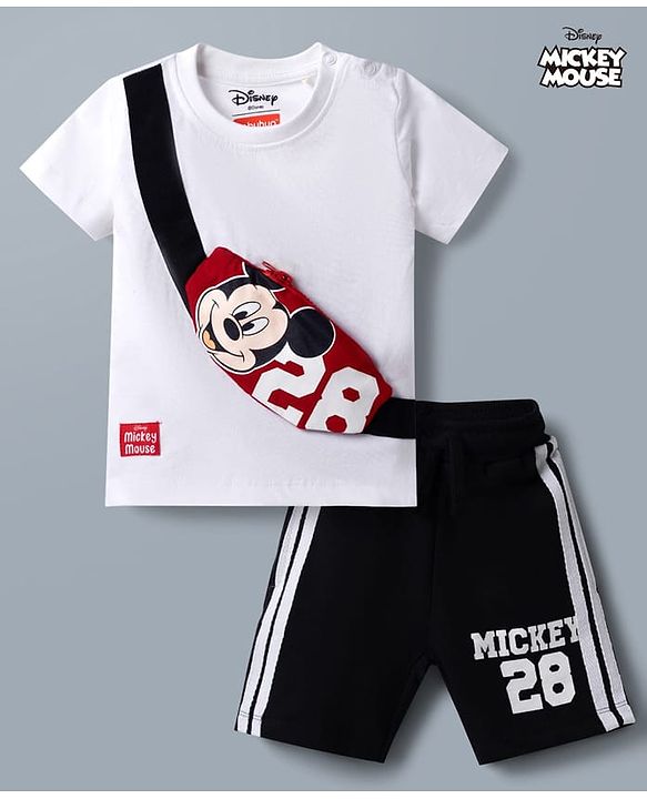 Babyhug Disney 100% Cotton Knit Half Sleeves T-Shirt & Shorts Set With Mickey Mouse Graphic & Bag Applique - White