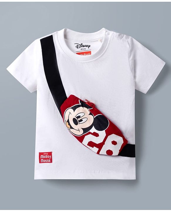 Babyhug Disney 100% Cotton Knit Half Sleeves T-Shirt & Shorts Set With Mickey Mouse Graphic & Bag Applique - White