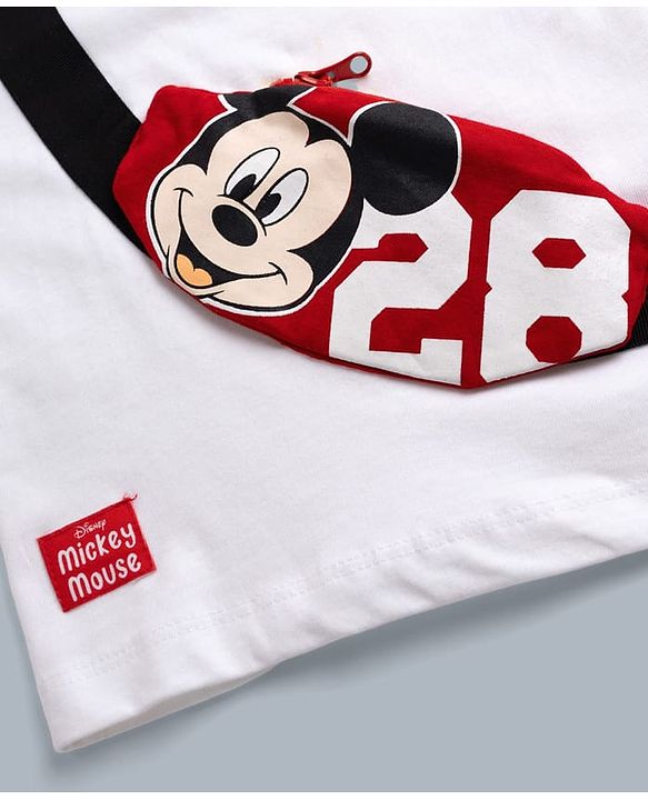 Babyhug Disney 100% Cotton Knit Half Sleeves T-Shirt & Shorts Set With Mickey Mouse Graphic & Bag Applique - White