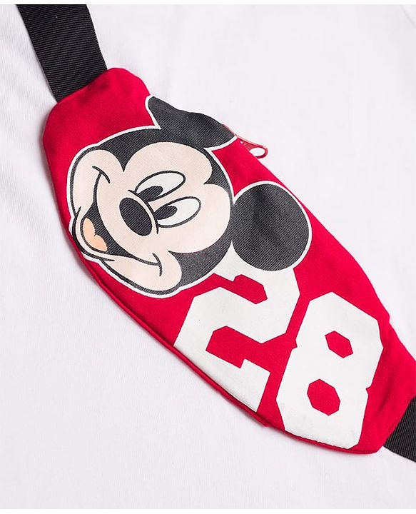 Babyhug Disney 100% Cotton Knit Half Sleeves T-Shirt & Shorts Set With Mickey Mouse Graphic & Bag Applique - White