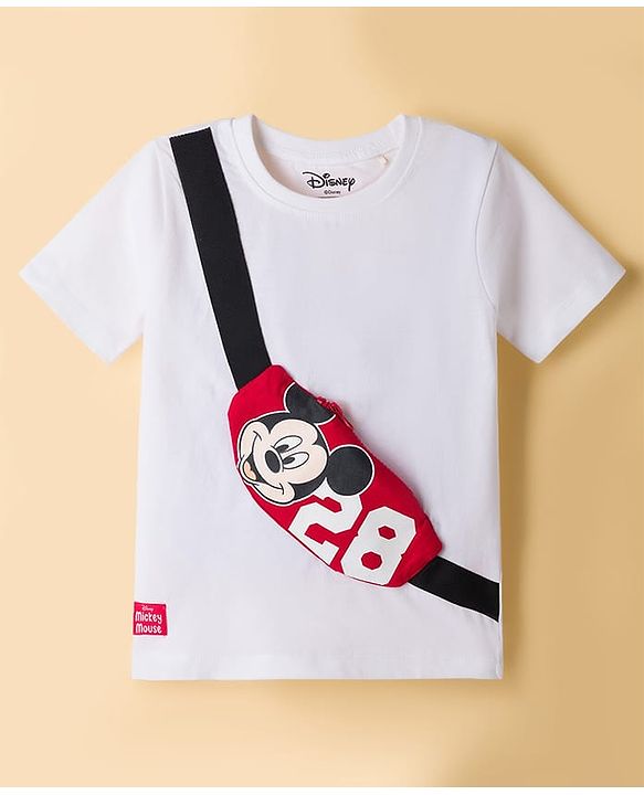 Babyhug Disney 100% Cotton Knit Half Sleeves T-Shirt & Shorts Set With Mickey Mouse Graphic & Bag Applique - White