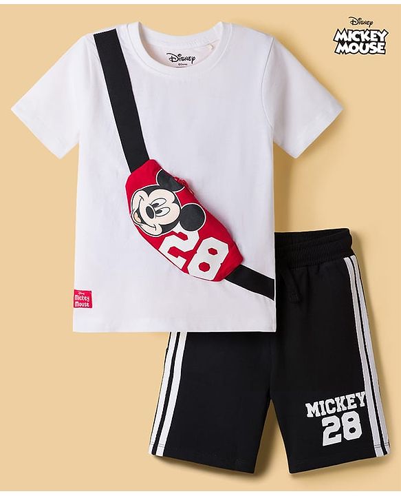 Babyhug Disney 100% Cotton Knit Half Sleeves T-Shirt & Shorts Set With Mickey Mouse Graphic & Bag Applique - White
