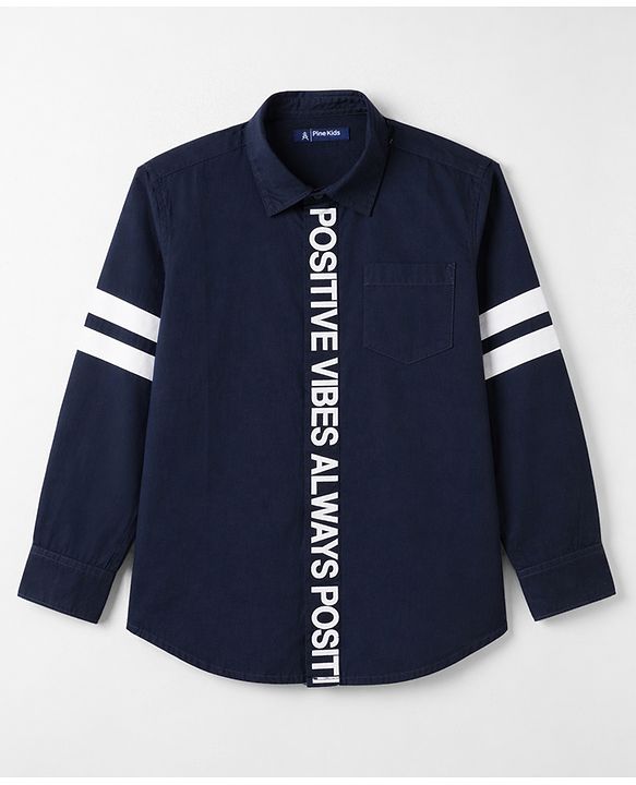 Pine Kids Cotton Woven  Full Sleeves Text Printed Shirt - Navy Blue