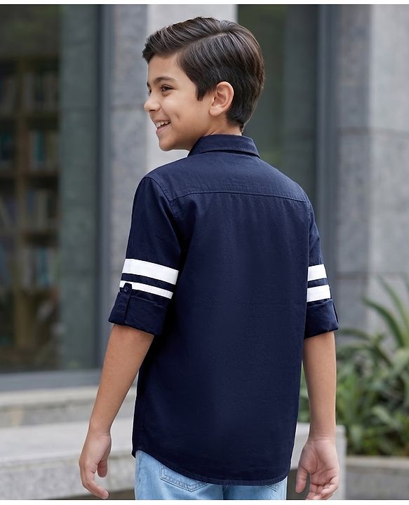 Pine Kids Cotton Woven  Full Sleeves Text Printed Shirt - Navy Blue