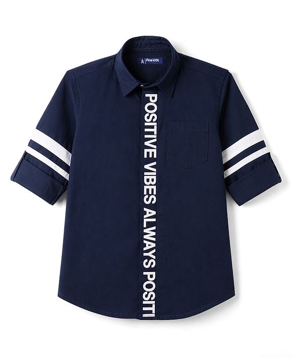 Pine Kids Cotton Woven  Full Sleeves Text Printed Shirt - Navy Blue