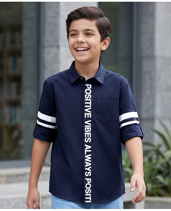 Pine Kids Cotton Woven  Full Sleeves Text Printed Shirt - Navy Blue