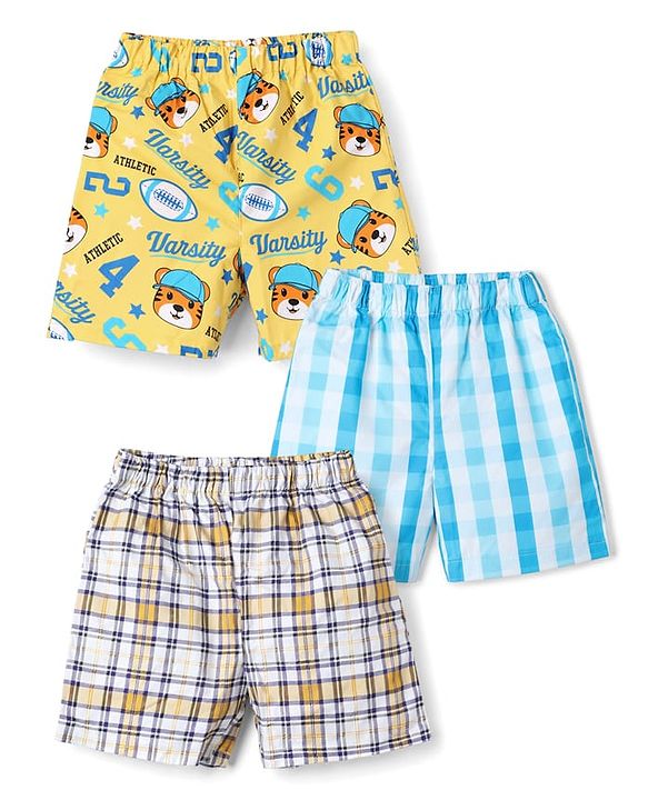 Babyhug Cotton Poplin Woven Checks Boxers With Tiger Print Pack of 3 - Multicolor