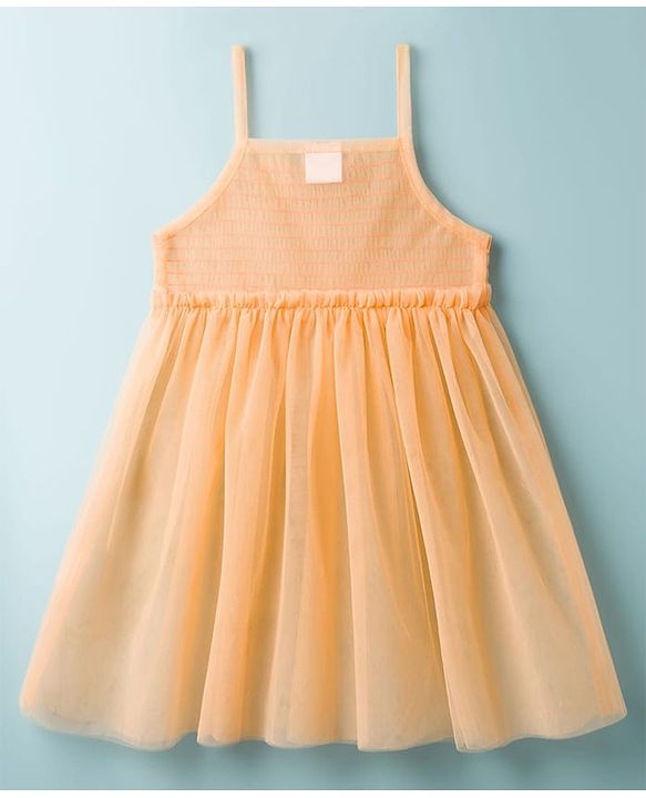 Babyhug Nylon Knit Frock with Inner Tee, Half Sleeves, Round Neck, Smocked Bodice Peach 9-12 Months