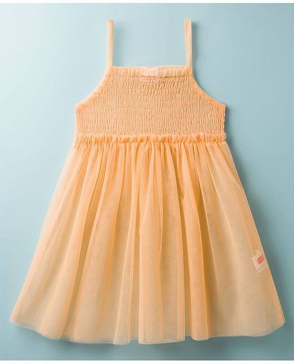 Babyhug Nylon Knit Frock with Inner Tee, Half Sleeves, Round Neck, Smocked Bodice Peach 9-12 Months