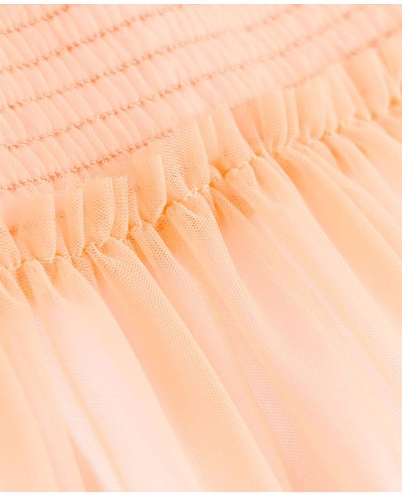 Babyhug Nylon Knit Frock with Inner Tee, Half Sleeves, Round Neck, Smocked Bodice Peach 9-12 Months