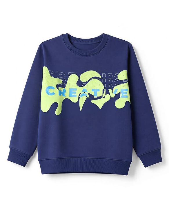 Pine Kids Cotton Knit Sweatshirt With Full Sleeves and Creative Text Print - Navy Blue