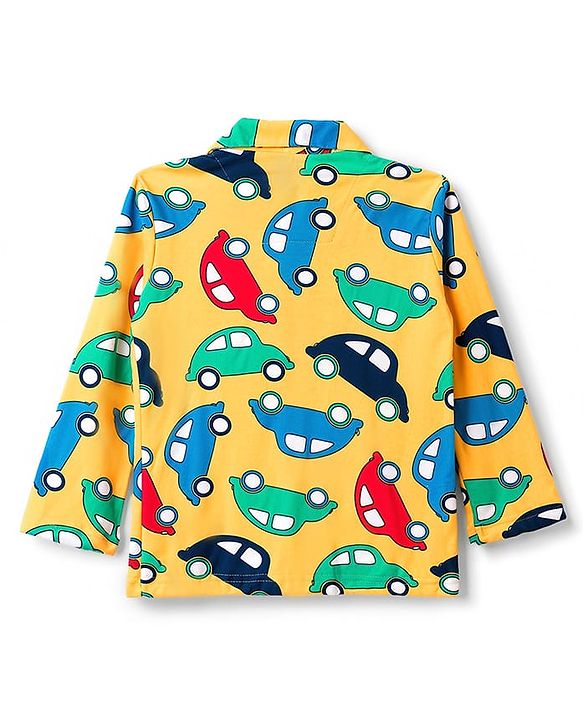 Babyhug 100% Cotton Knit Full Sleeves Shirt & Pyjama Night Suit with Cars Print - Yellow