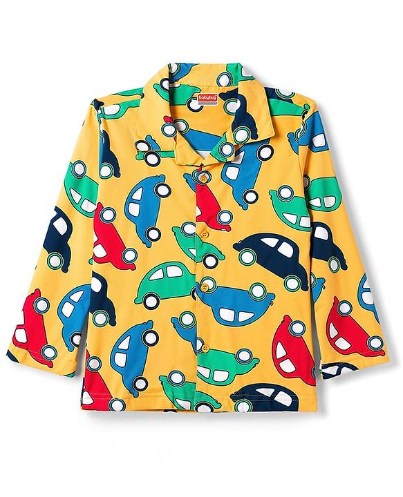 Babyhug 100% Cotton Knit Full Sleeves Shirt & Pyjama Night Suit with Cars Print - Yellow