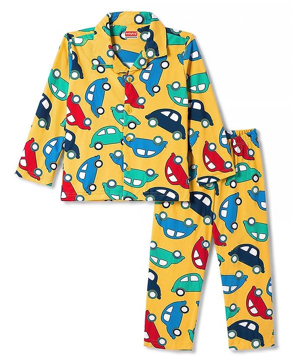 Babyhug 100% Cotton Knit Full Sleeves Shirt & Pyjama Night Suit with Cars Print - Yellow
