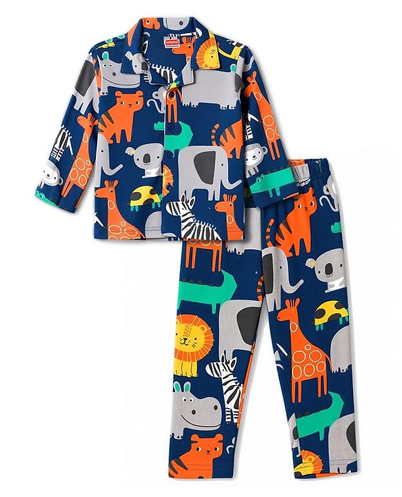 Babyhug 100% Cotton Knit Full Sleeves Animal Printed Co-Ords Shirt & Pyjama Night Suit - Navy Blue