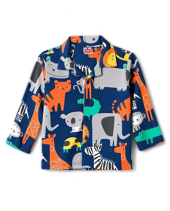 Babyhug 100% Cotton Knit Full Sleeves Animal Printed Co-Ords Shirt & Pyjama Night Suit - Navy Blue