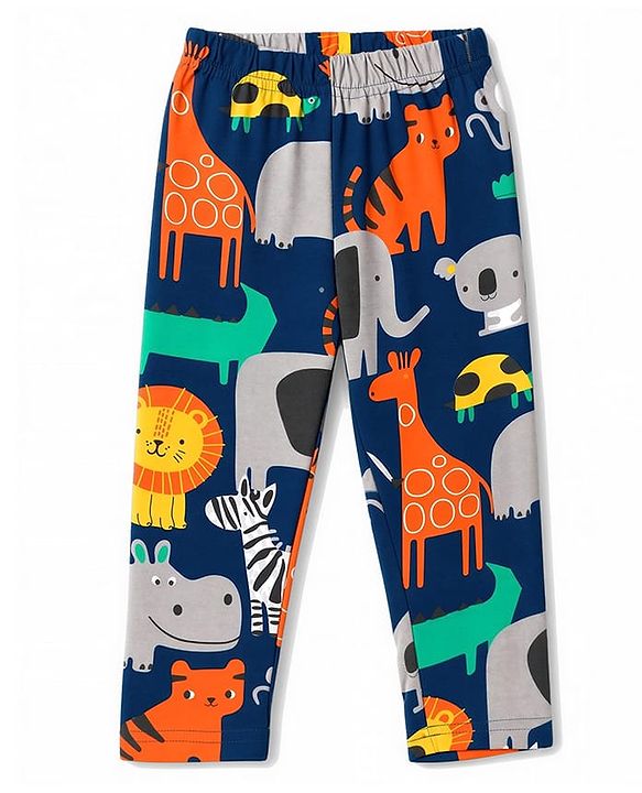 Babyhug 100% Cotton Knit Full Sleeves Animal Printed Co-Ords Shirt & Pyjama Night Suit - Navy Blue