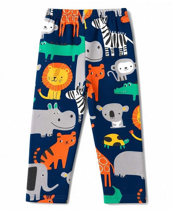 Babyhug 100% Cotton Knit Full Sleeves Animal Printed Co-Ords Shirt & Pyjama Night Suit - Navy Blue