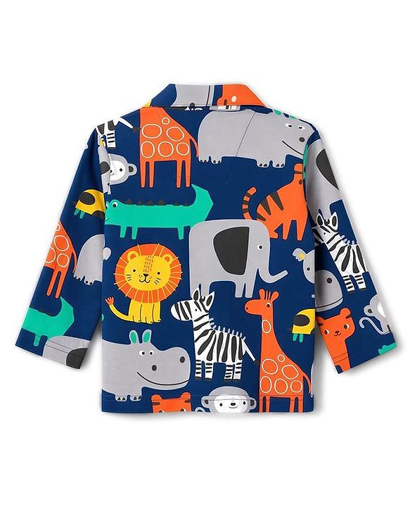 Babyhug 100% Cotton Knit Full Sleeves Animal Printed Co-Ords Shirt & Pyjama Night Suit - Navy Blue