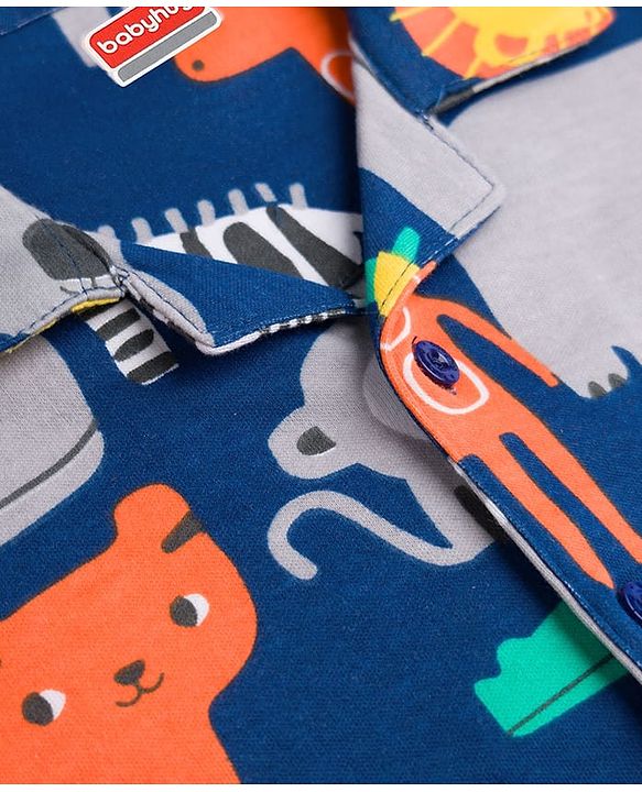 Babyhug 100% Cotton Knit Full Sleeves Animal Printed Co-Ords Shirt & Pyjama Night Suit - Navy Blue