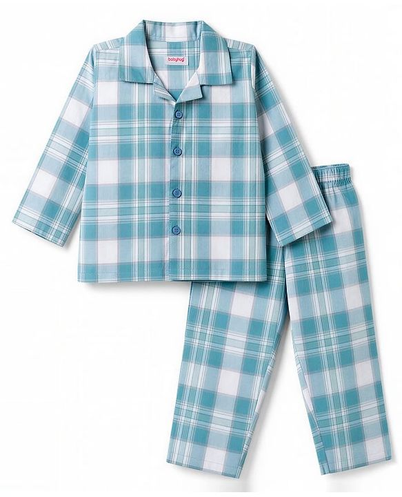 Babyhug Cotton Woven Full Sleeves Checked Co-Ords Shirt & Pyjama Night Suit - Light Blue