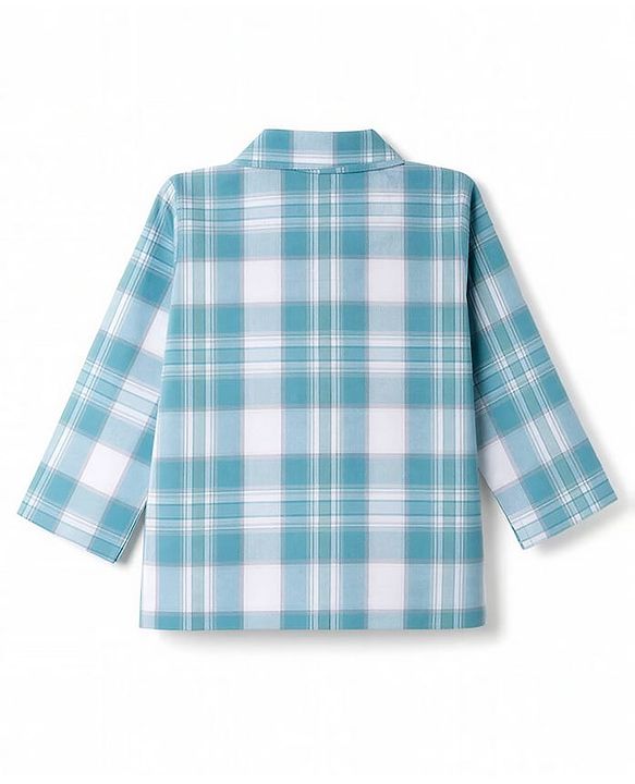 Babyhug Cotton Woven Full Sleeves Checked Co-Ords Shirt & Pyjama Night Suit - Light Blue
