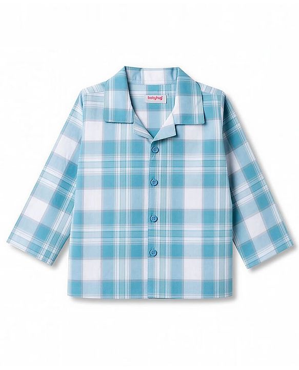 Babyhug Cotton Woven Full Sleeves Checked Co-Ords Shirt & Pyjama Night Suit - Light Blue