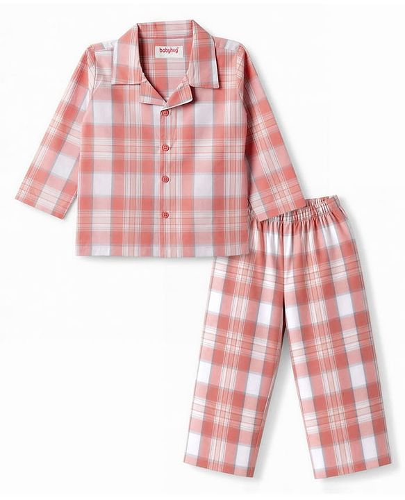 Babyhug Cotton Woven Full Sleeves Checked Co-Ords Shirt & Pyjama Night Suit - Coral