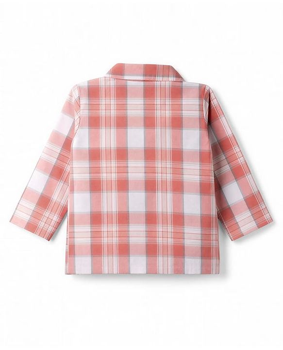 Babyhug Cotton Woven Full Sleeves Checked Co-Ords Shirt & Pyjama Night Suit - Coral