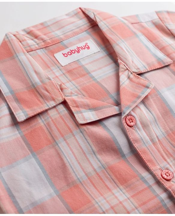 Babyhug Cotton Woven Full Sleeves Checked Co-Ords Shirt & Pyjama Night Suit - Coral